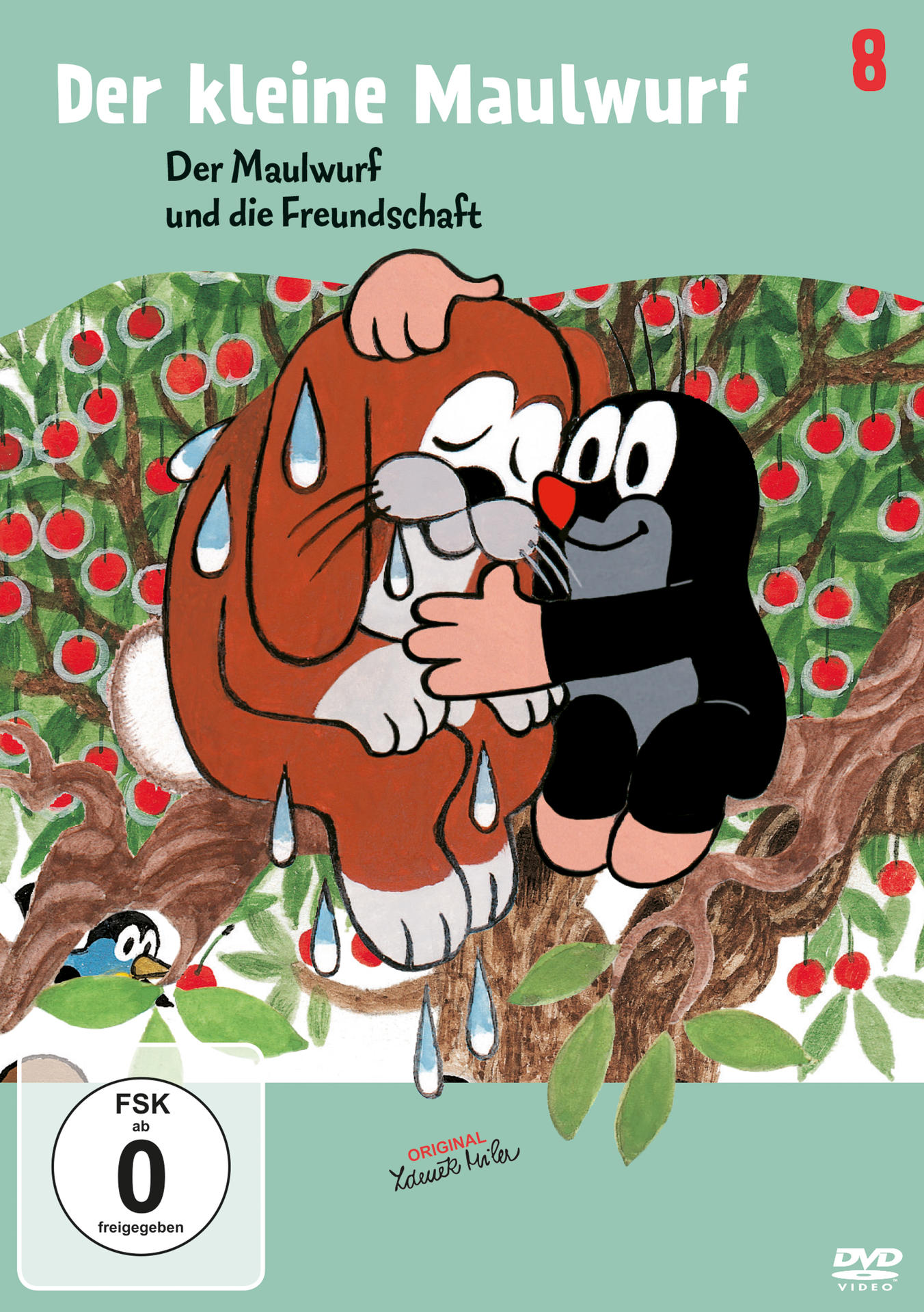 Zeichentrickfilm-Cover mit einem Maulwurf und einem Hasen, die sich umarmen. Text: Der kleine Maulwurf, etc.