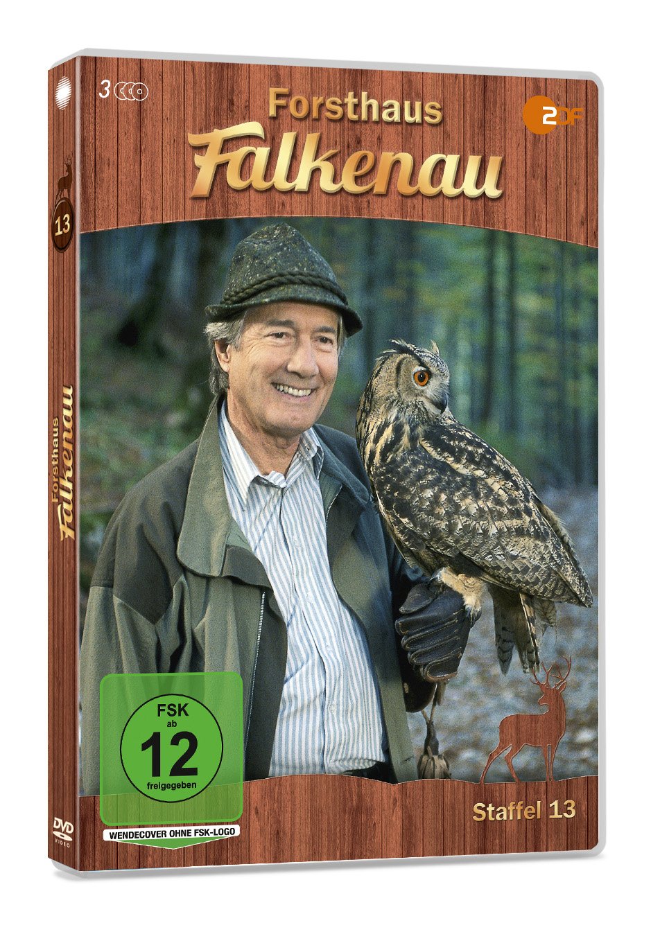 DVD-Cover eines Mannes mit Eule. Titel: Forsthaus Falkenau, Staffel 13. Grünes FSK-Logo.