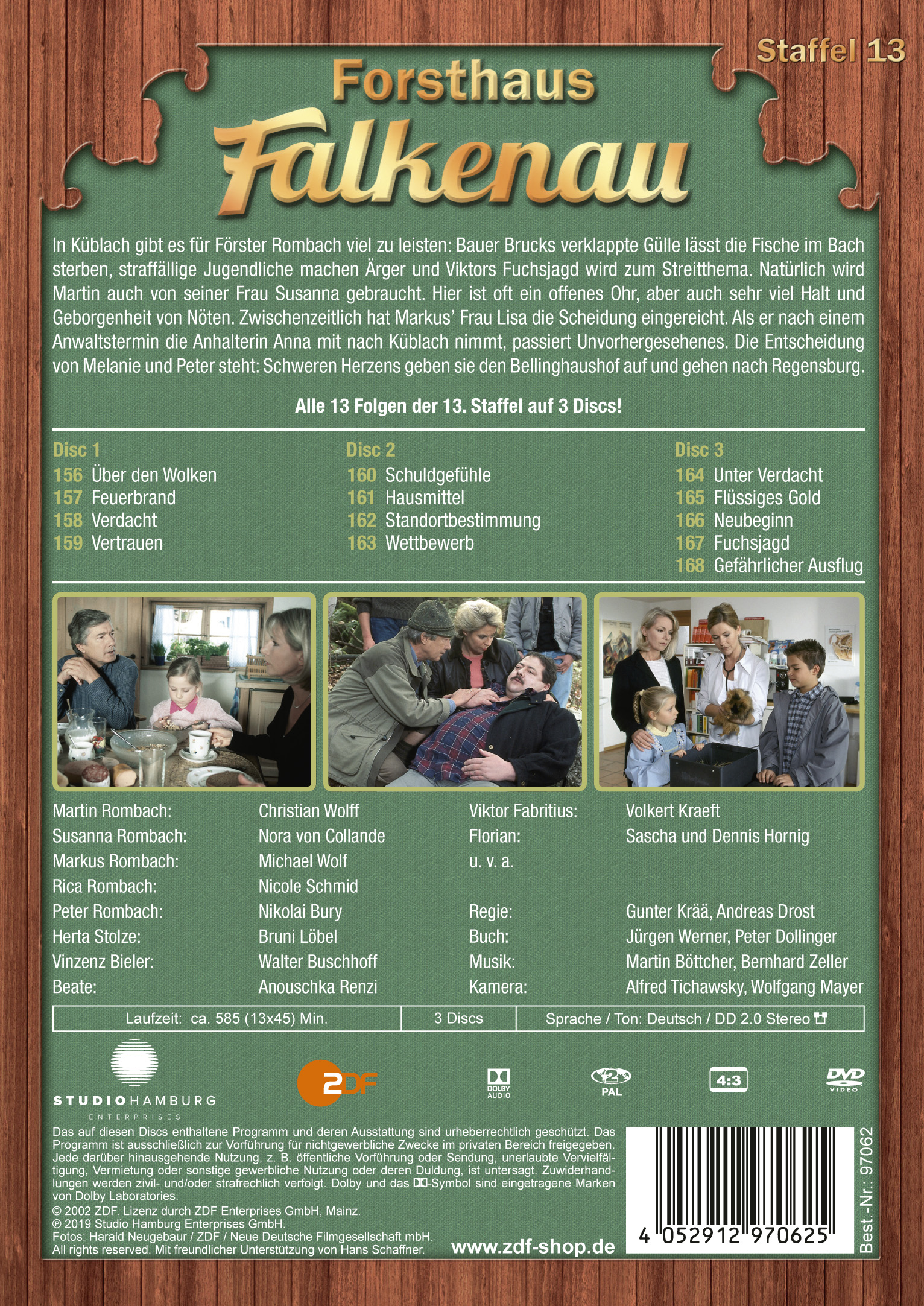 DVD-Cover von Forsthaus Falkenau, Staffel 13. Enthält Bilder der Darsteller und Episodentitel.