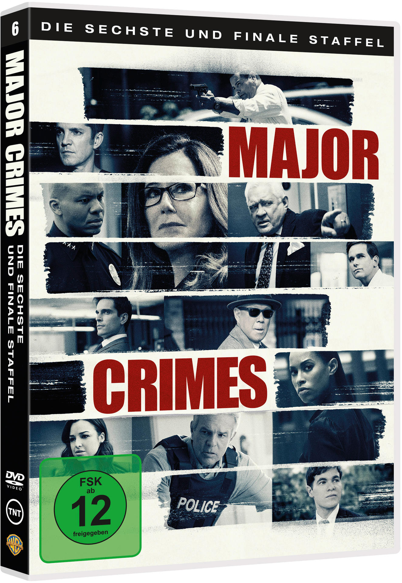 DVD-Hülle von 'Major Crimes' mit Gesichtern von Schauspielern und dem Serientitel.