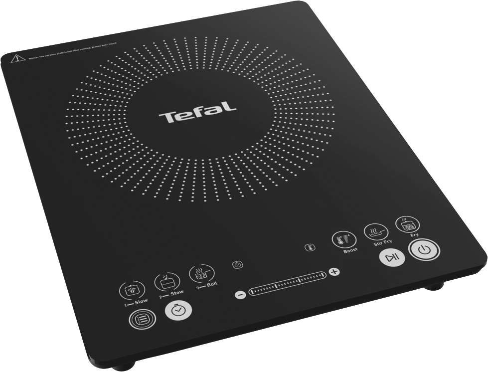 A black induction cooktop with various control buttons. The surface is glass-like.