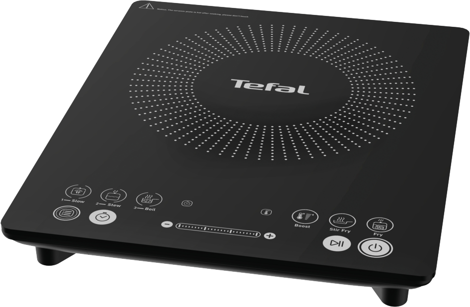 Black induction cooktop with a glass top and control panel. The surface is black.