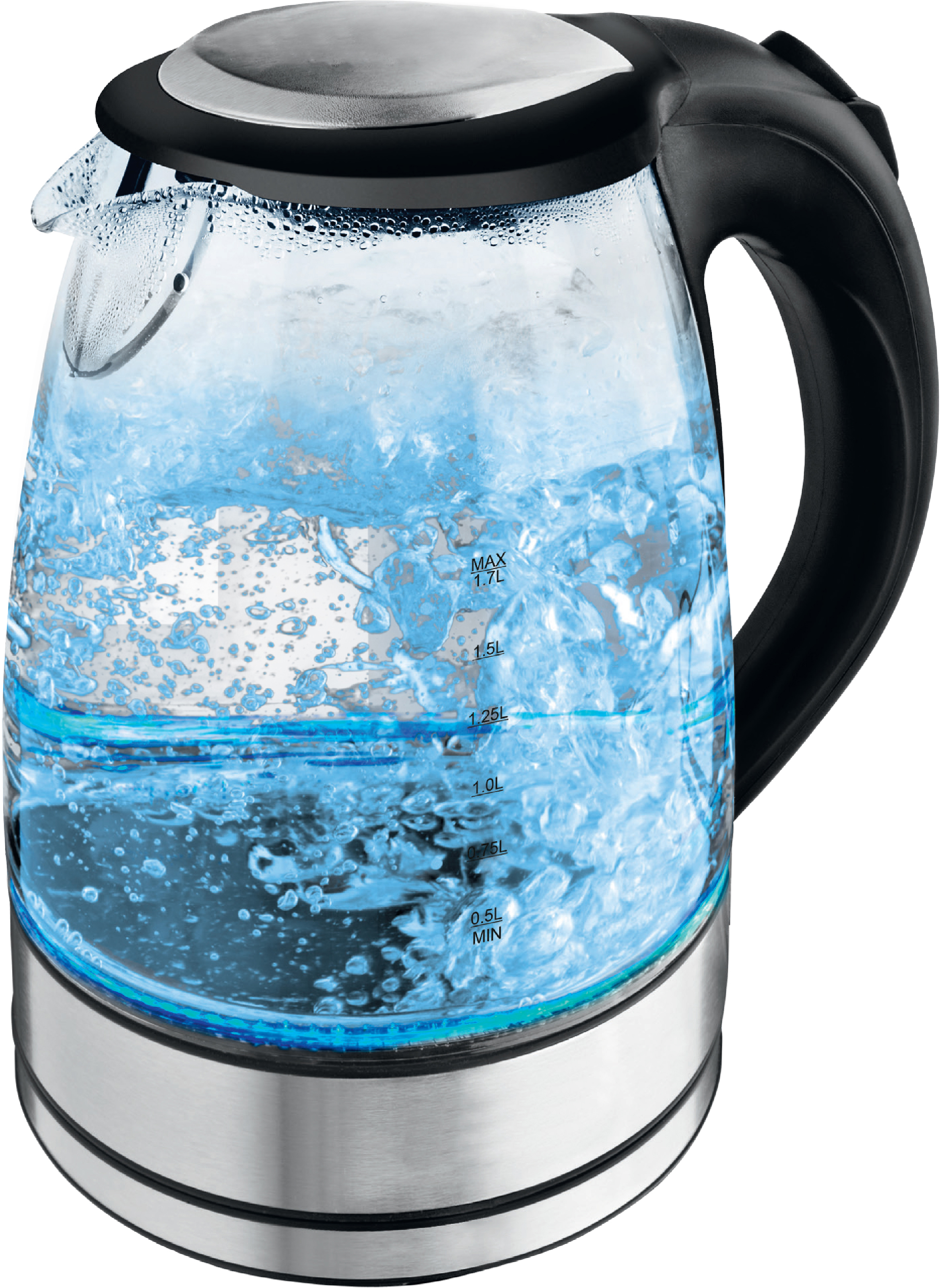 Ein elektrischer Wasserkocher aus klarem Glas, gefüllt mit kochendem Wasser.