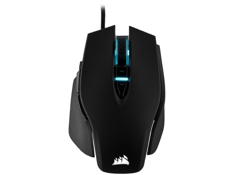 Zwarte Corsair gamingmuis met blauwe verlichting op het scrollwiel en logo.