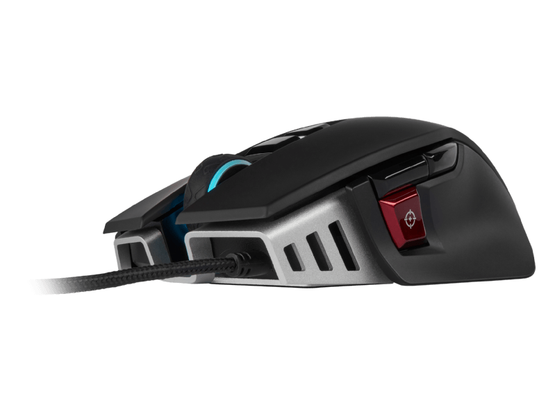Een zwarte gamingmuis met rode knoppen en een gevlochten kabel.