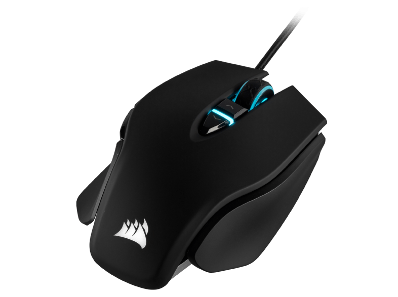 Zwarte gamingmuis met blauwe lichten. Corsair logo is zichtbaar.