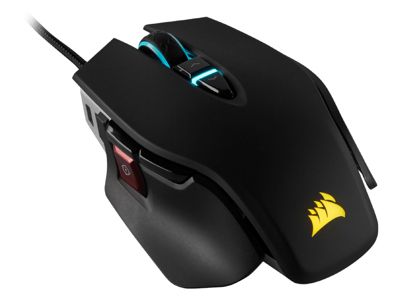 Zwarte gamingmuis, verlichte knoppen, Corsair logo, zwarte achtergrond.