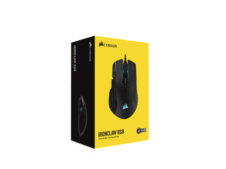 Een muis in een doos met het merk Corsair, het is een gaming muis en is zwart.