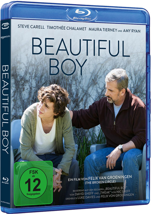 Blu-ray-Disc-Cover für 'Beautiful Boy', mit Schauspielern und Text auf Englisch.