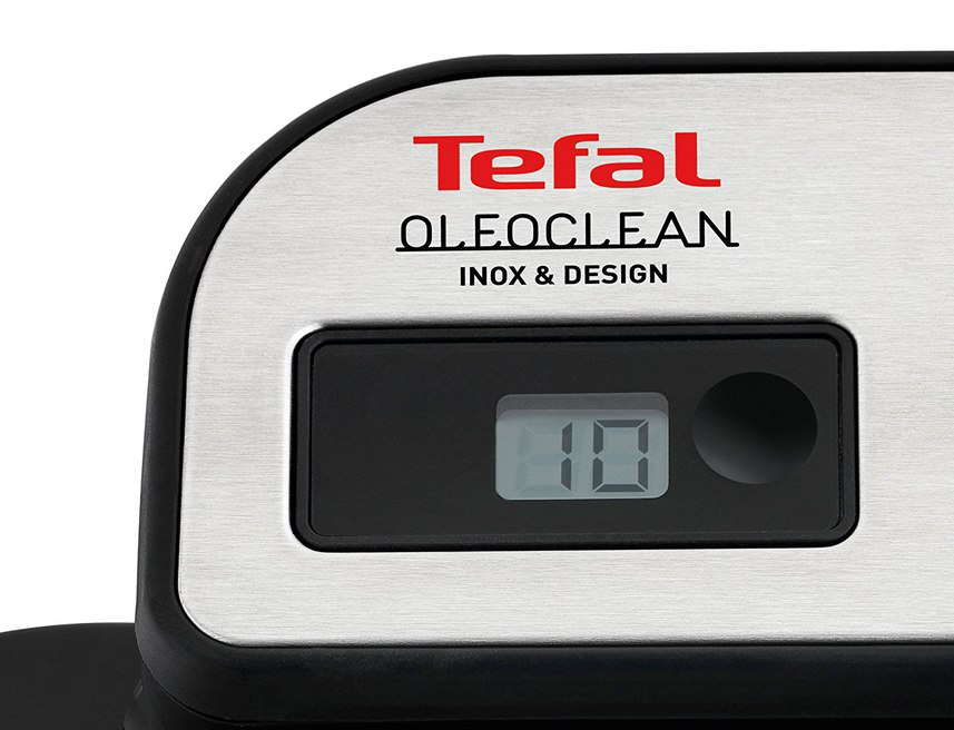 Nahaufnahme des Bedienfelds einer Tefal Oleoclean Fritteuse mit der Zahl 10.