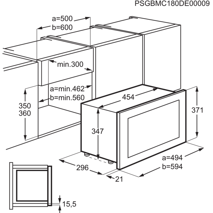 Mikrohullámú sütő diagramja méretekkel és címkékkel.