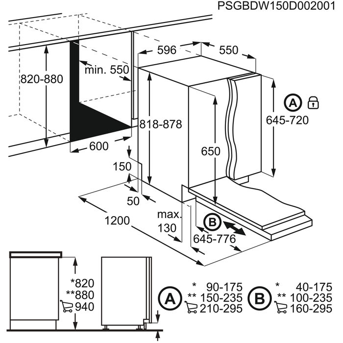 Beépíthető mosogatógép diagramja fekete vonalakban méretekkel és méretekkel.