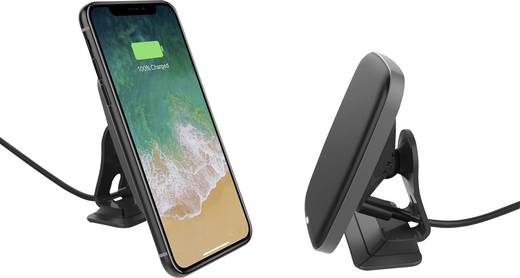 Un téléphone se charge sur un support. Un autre support est montré de côté.