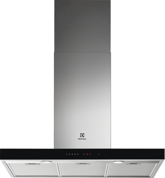 Rozsdamentes acél Electrolux páraelszívó fekete alsó panellel.
