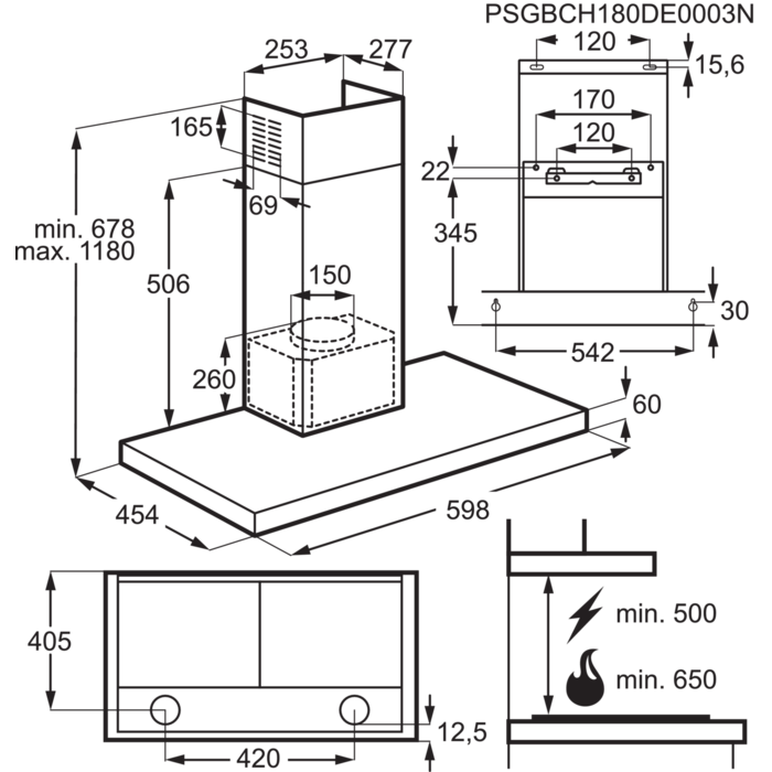 Konyhai páraelszívó diagramja méretekkel és műszaki részletekkel.