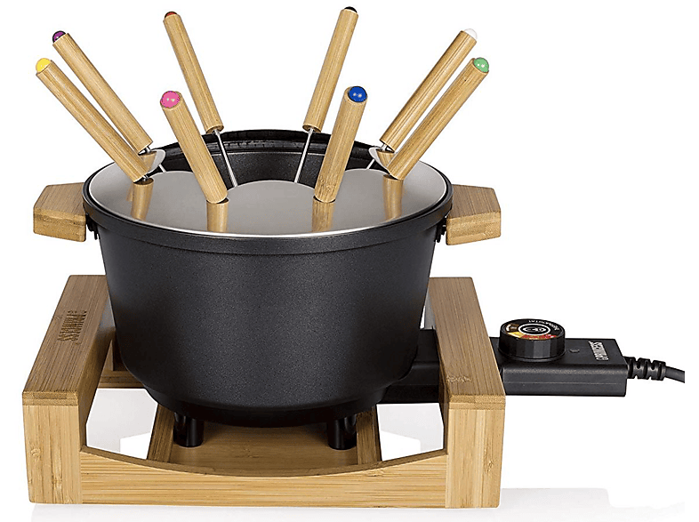 Fondue - Princess 173025 Pure Negro, Para 8 personas, Termostato regulable, Material de bambú