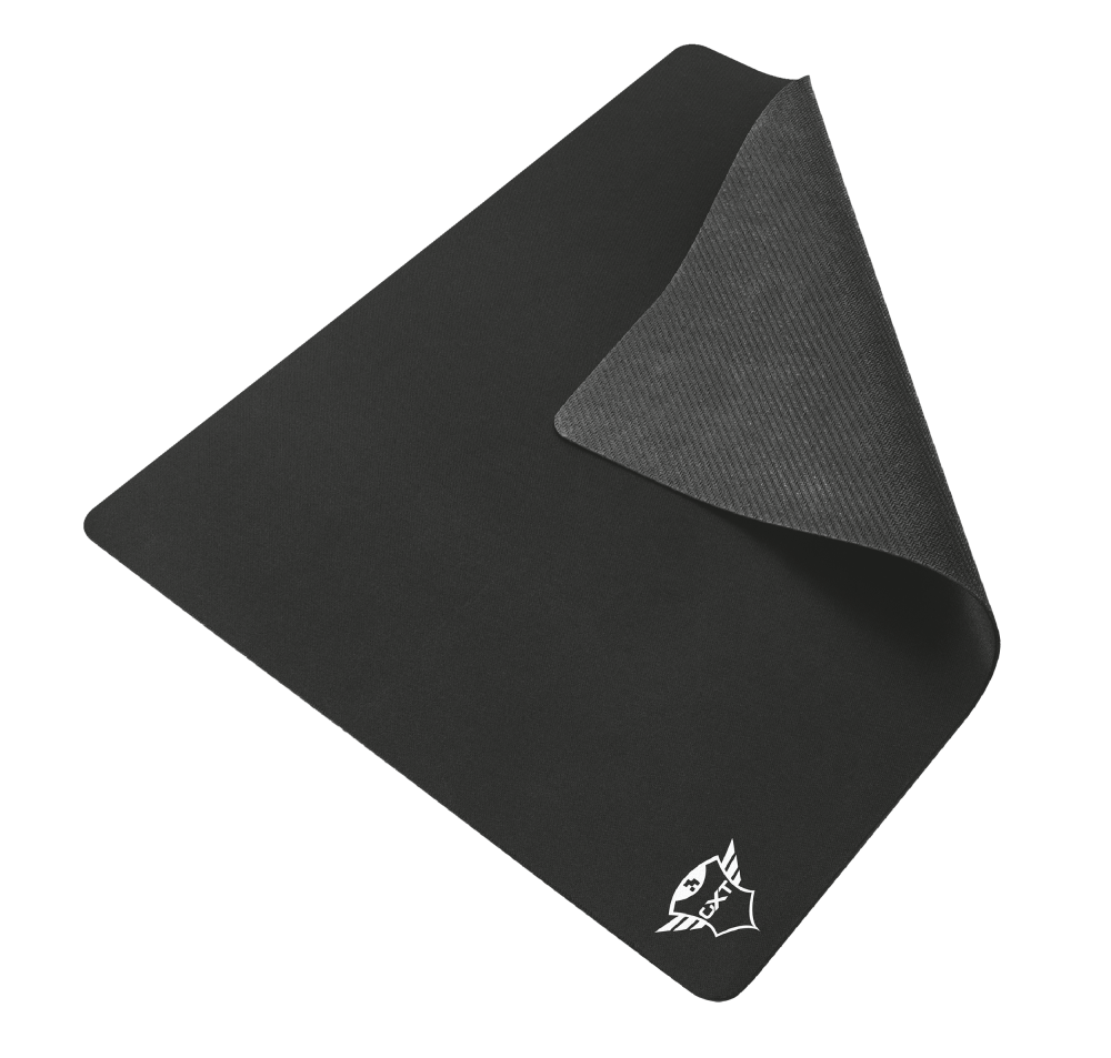 Zwarte Trust muismat met wit logo en antislip rubberen achterkant.