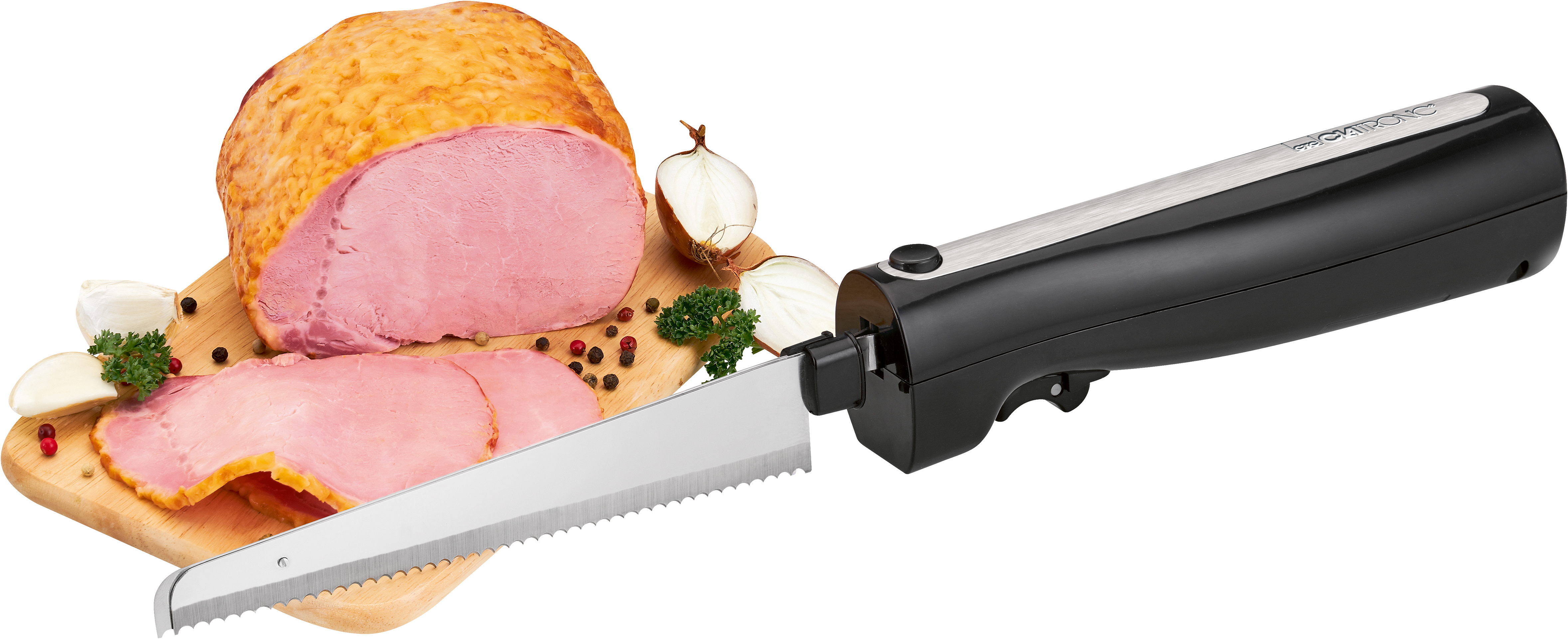 Elektrisches Tranchiermesser mit Schinken und aufgeschnittenem Schinken auf einem Holzschneidebrett.