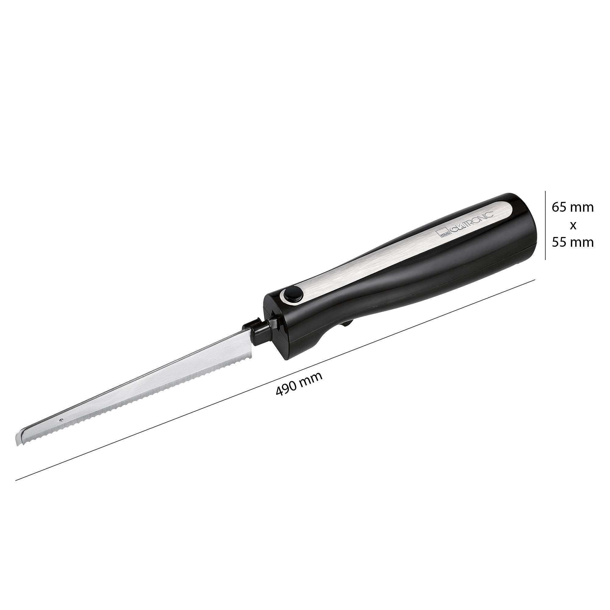 Schwarzes elektrisches Messer mit Maßen.