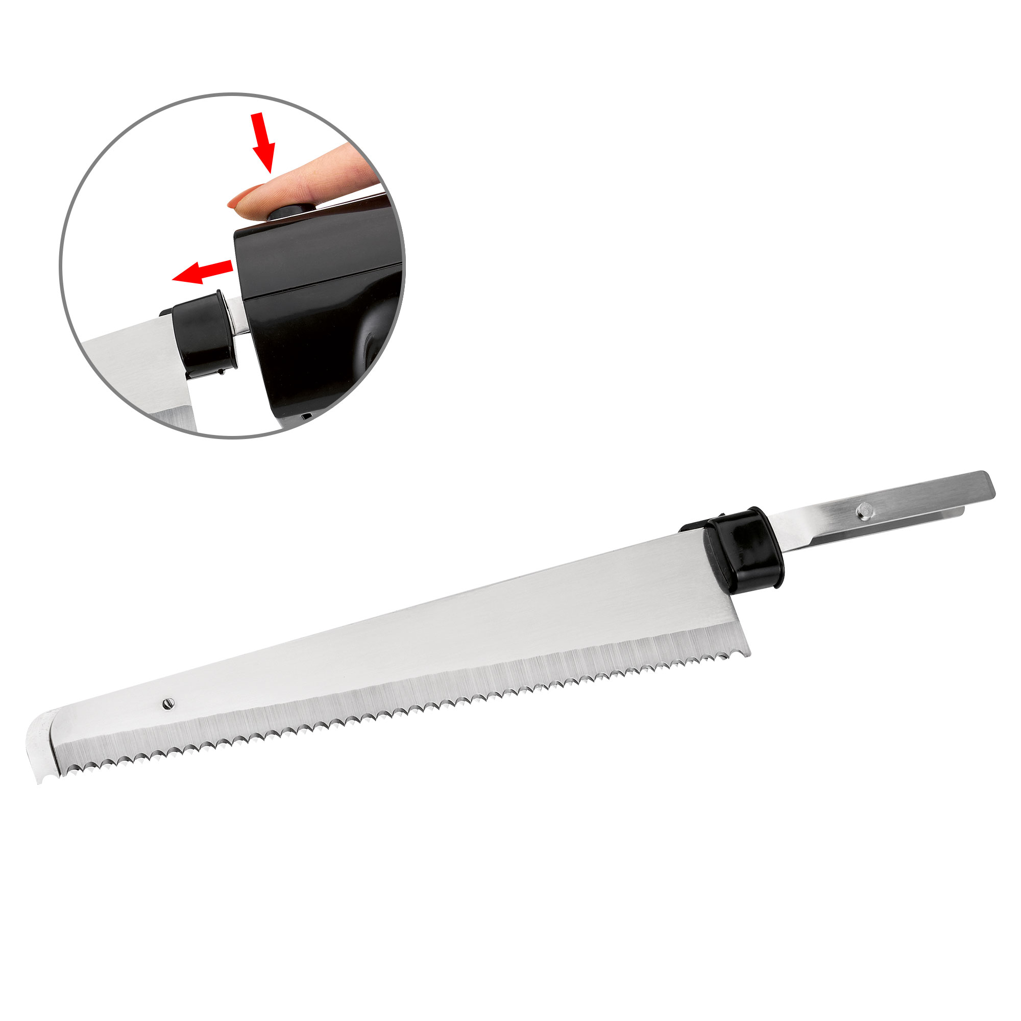 Elektrisches Messer mit gezahnter Klinge und Nahaufnahme des Verriegelungsmechanismus.