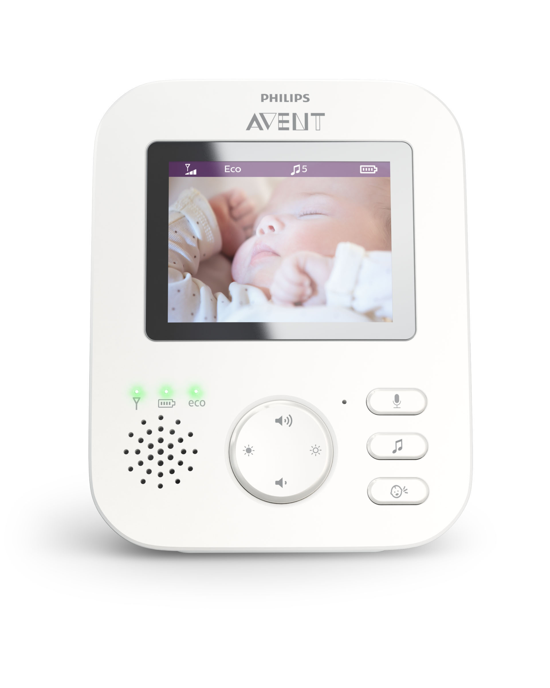 Weißer Babyphone mit Bildschirm, der ein schlafendes Baby zeigt. Text: PHILIPS AVENT.