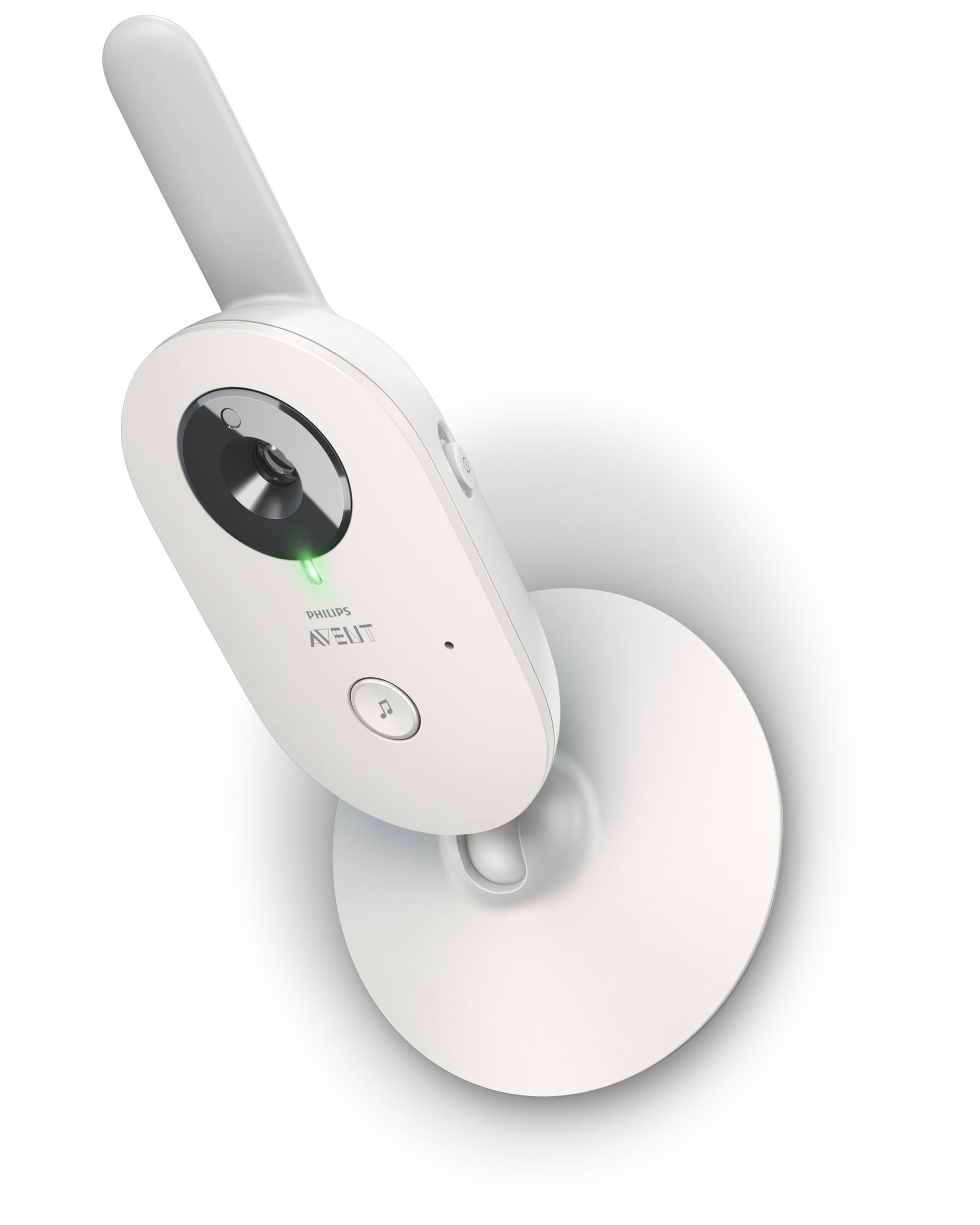 Weißer Babyphone mit grauer Antenne. Es steht auf einer weißen Basis und hat ein grünes Licht.