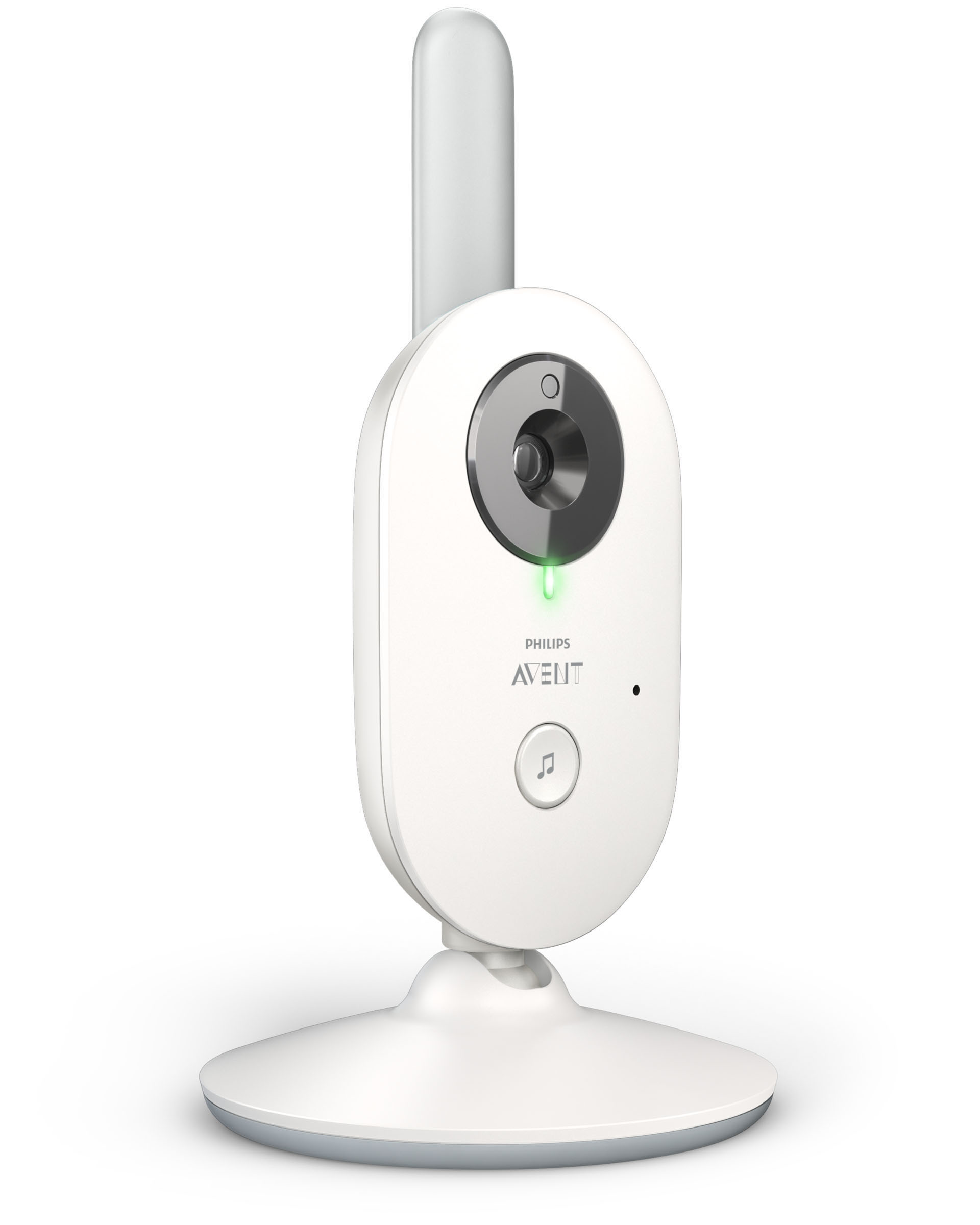 Weißer Babyphone mit langer Antenne und grünem Licht.