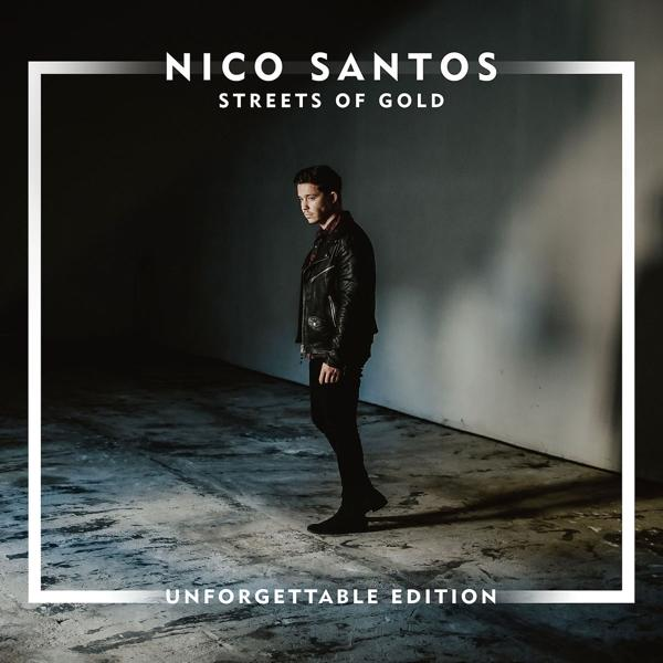 Albumcover von Nico Santos mit dem Titel "Streets of Gold" vor dunklem Hintergrund. Er steht.