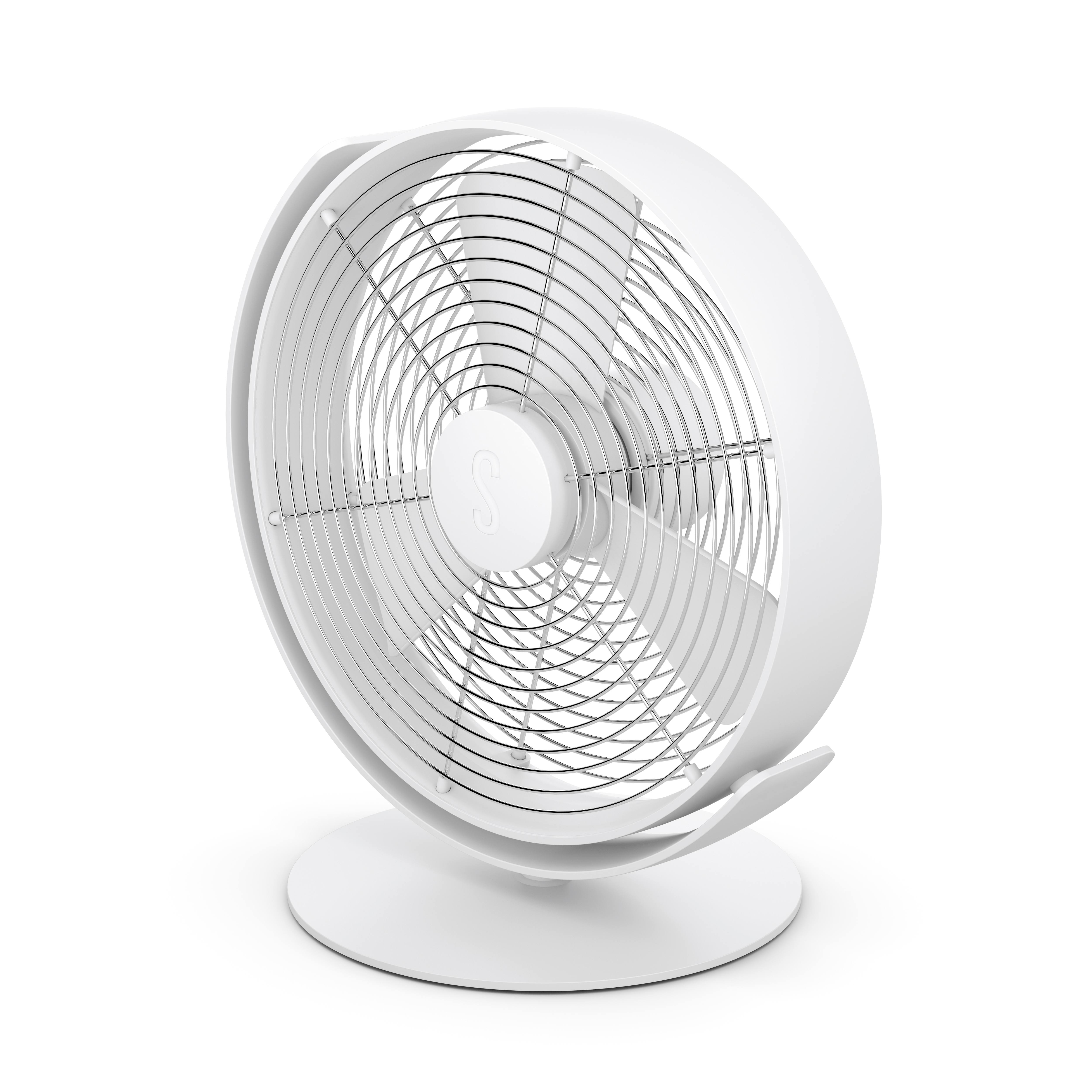 Ventilatore da scrivania bianco con design circolare, base rotonda e griglia.