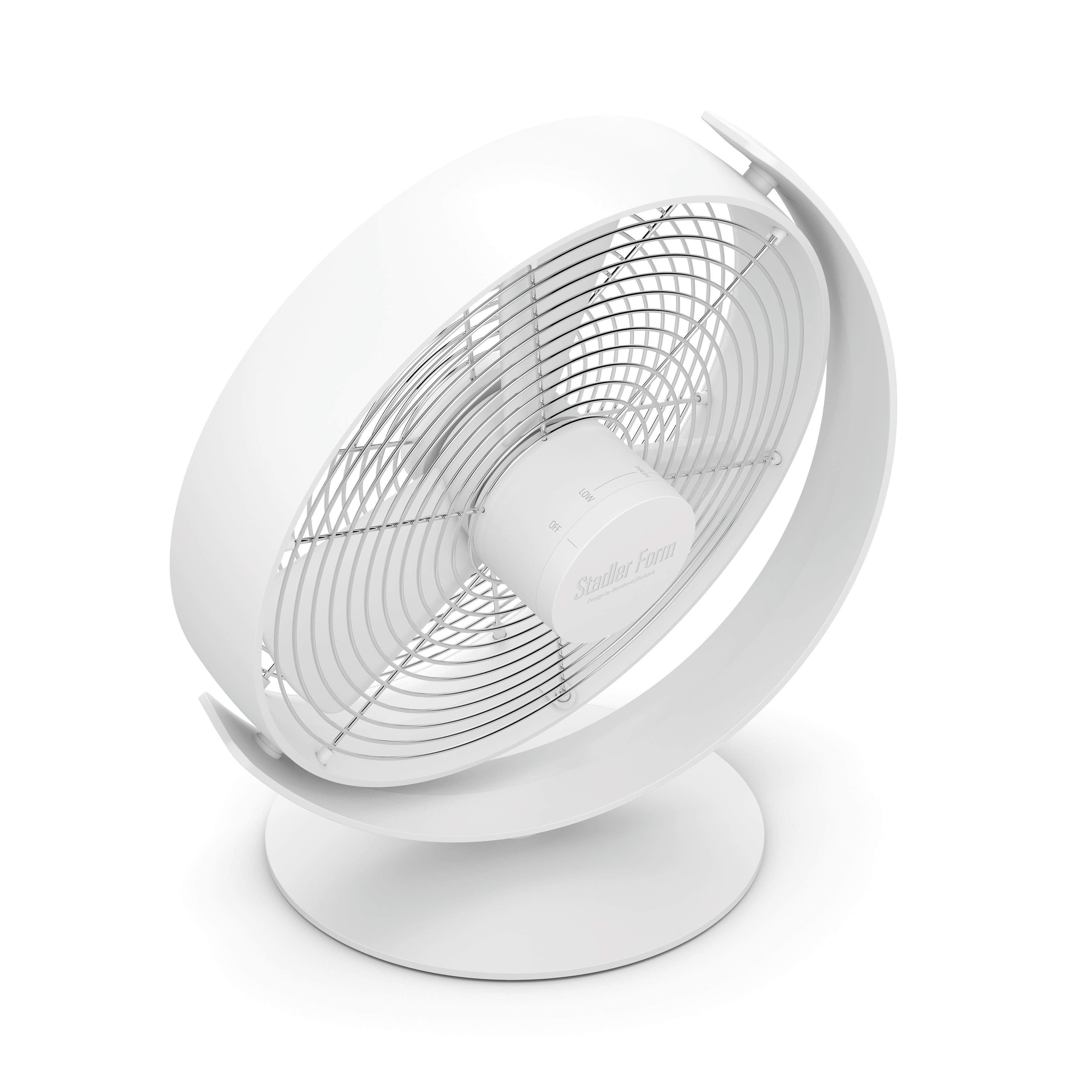 Ventilatore bianco con design curvo e base circolare.