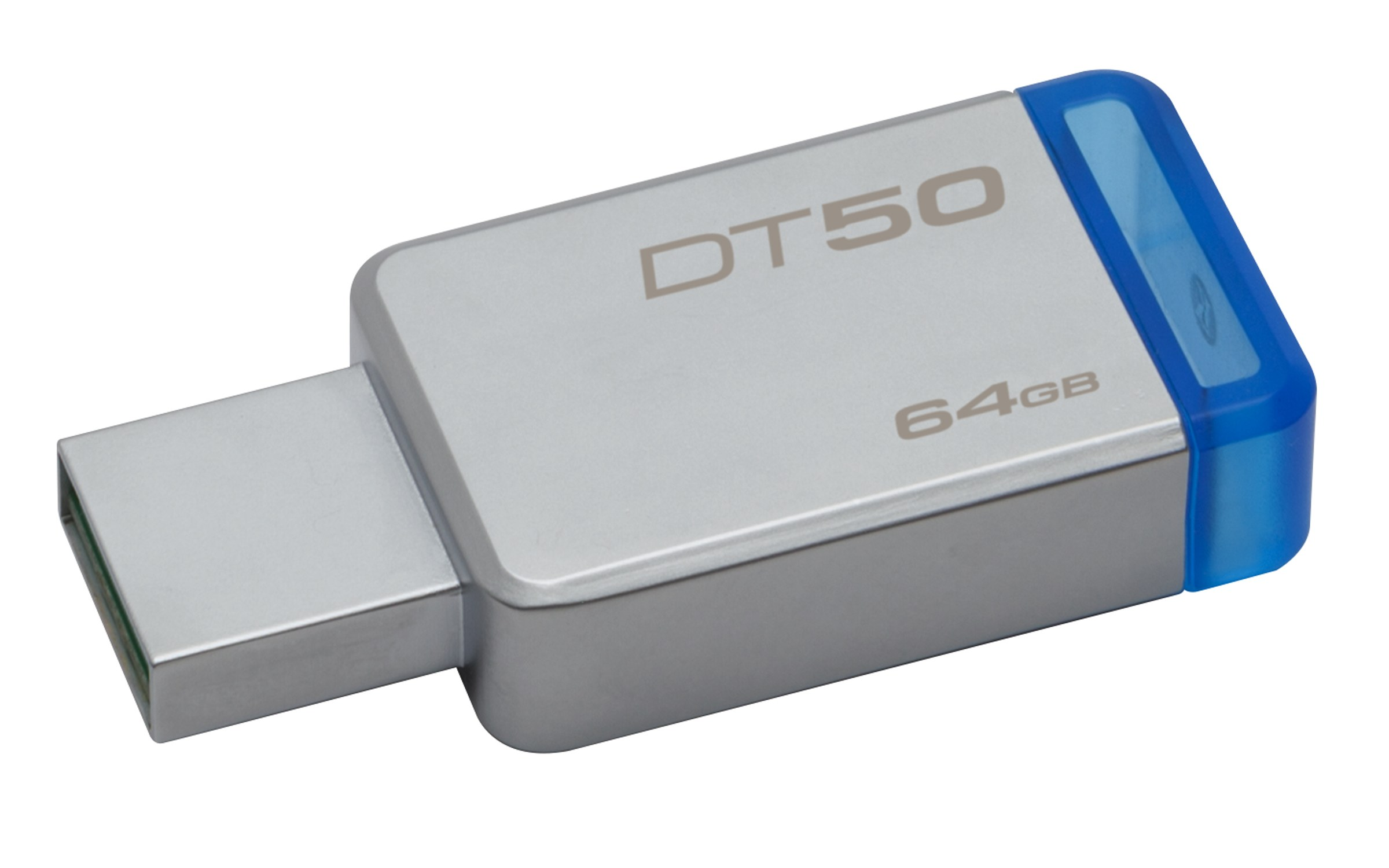 Silber-blaue Kingston DT50 USB-Festplatte. Rechteckiges Design mit blauem Deckel.