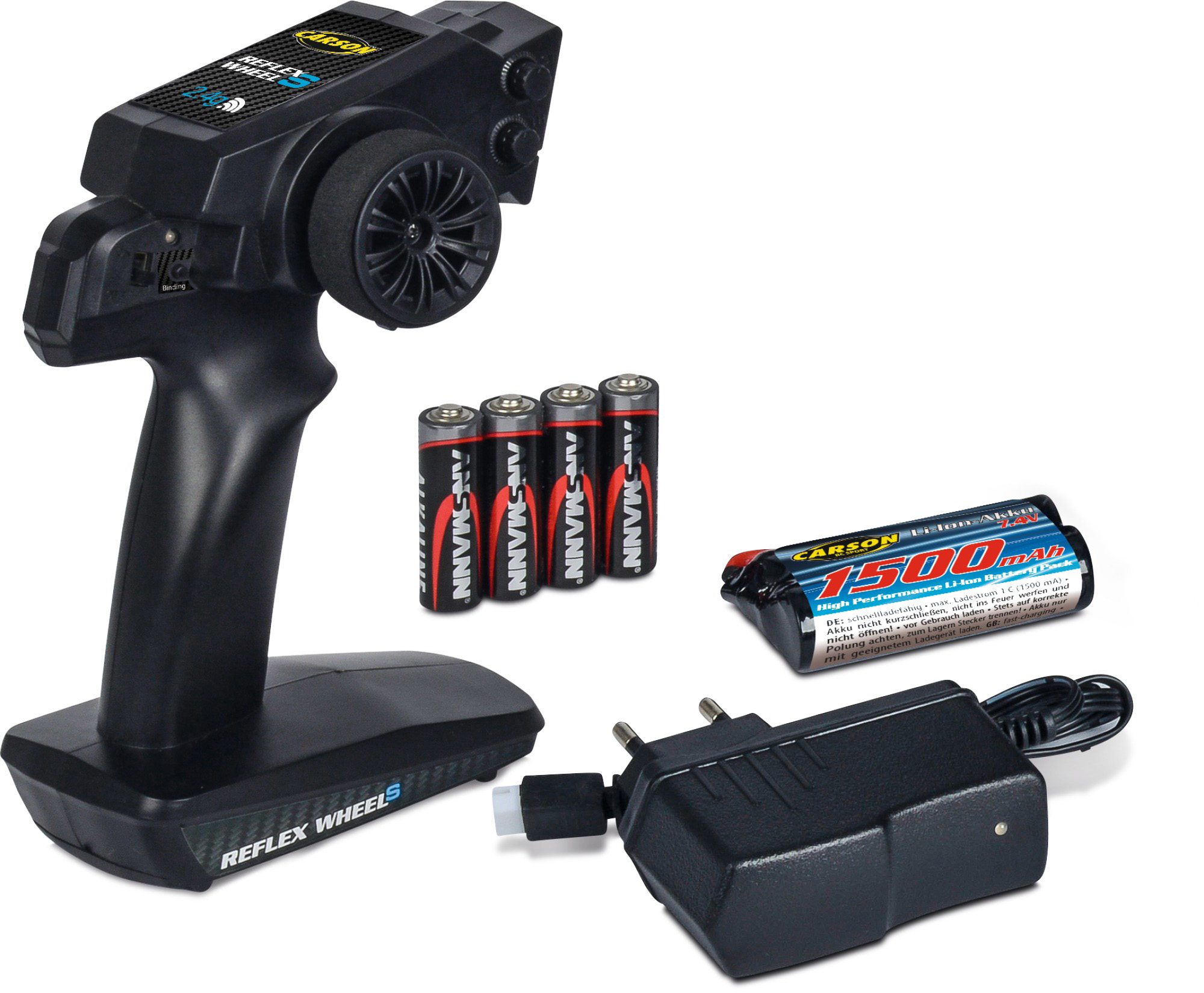 Fernbedienung, Batterien, Ladegerät und Akku auf Weiß.