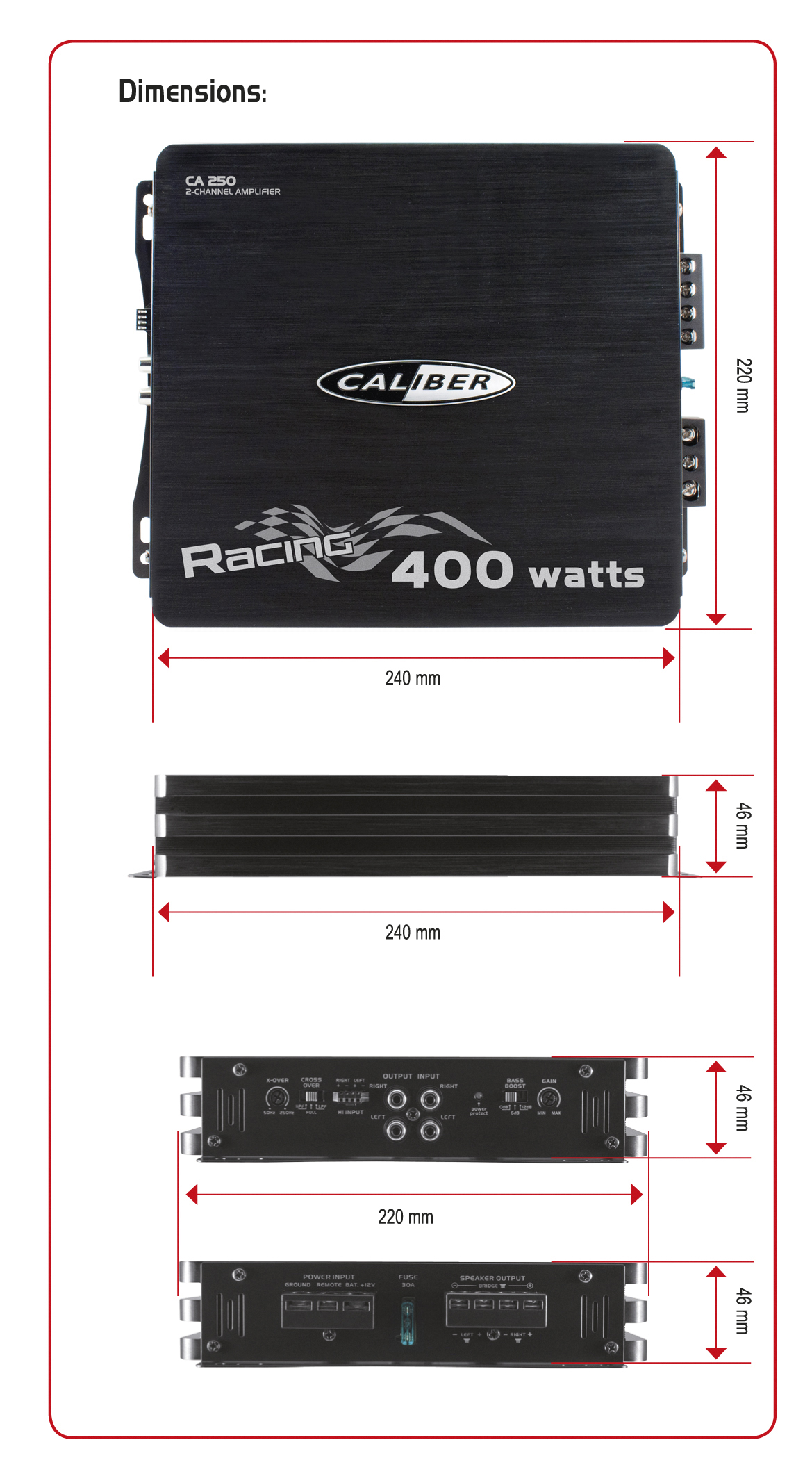 Schwarzer Auto-Verstärker mit beschrifteten Abmessungen. 'CALIBER Racing 400 Watt' steht da.