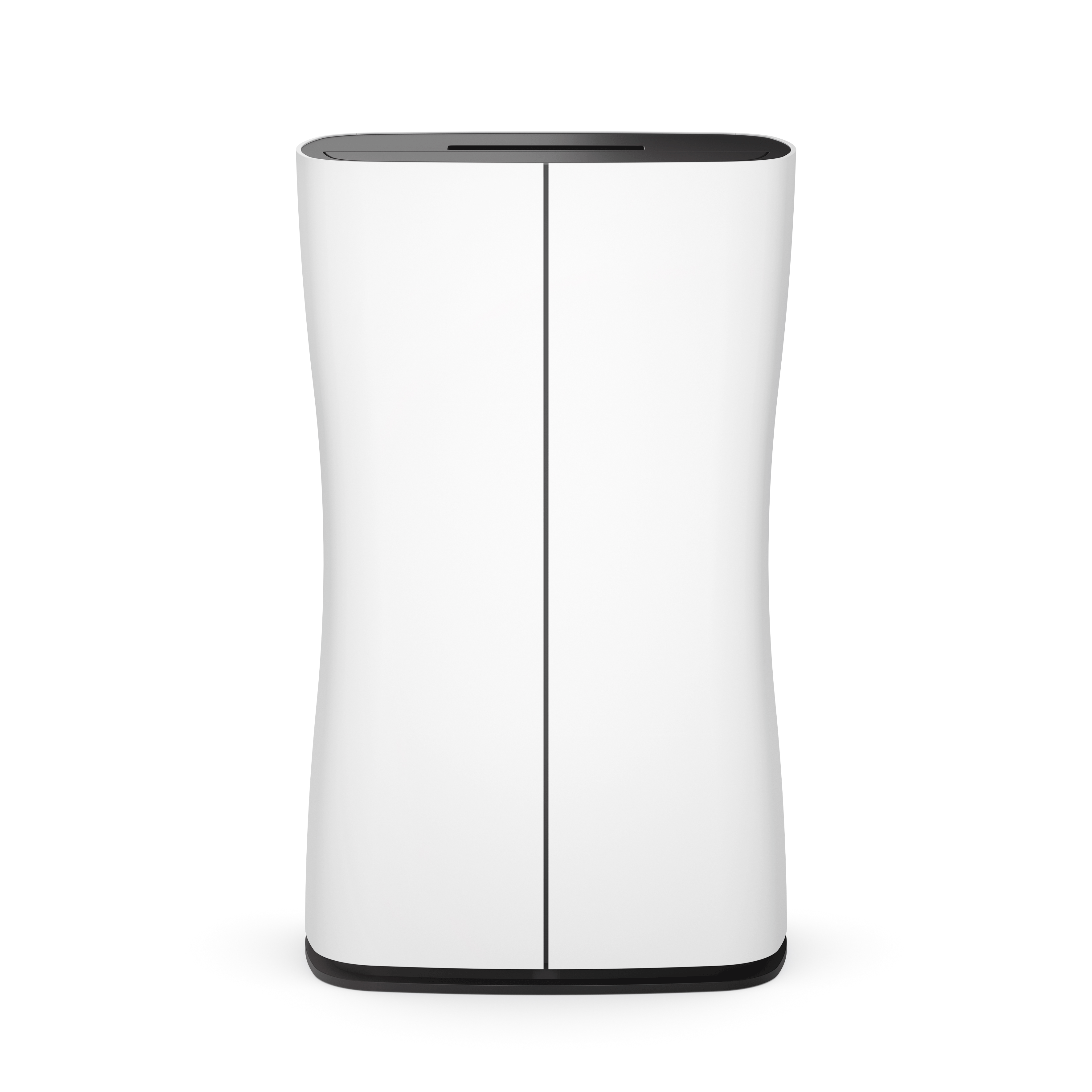 Un elettrodomestico bianco con due porte, parte superiore e inferiore nere, forma curva.