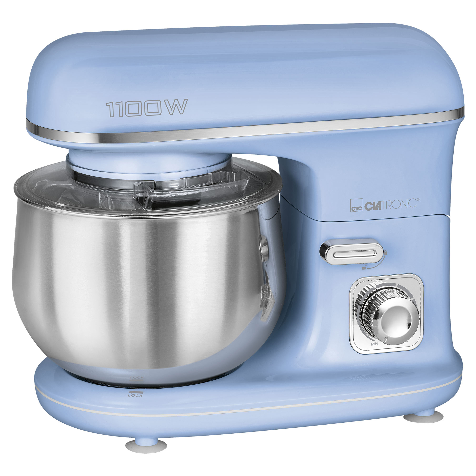 Blauer Clatronic-Küchenmixer. Mit silberner Rührschüssel und transparentem Deckel.