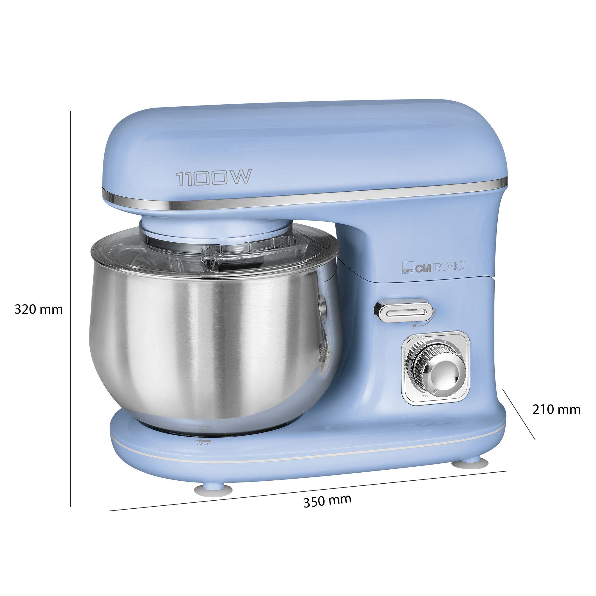 Ein blauer Küchen-Standmixer. Er hat eine silberne Schüssel und die Marke ist CATRONIC.