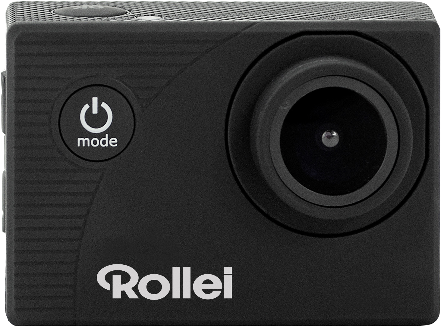 Fekete akciókamera objektívvel, bekapcsológombbal és Rollei logóval.