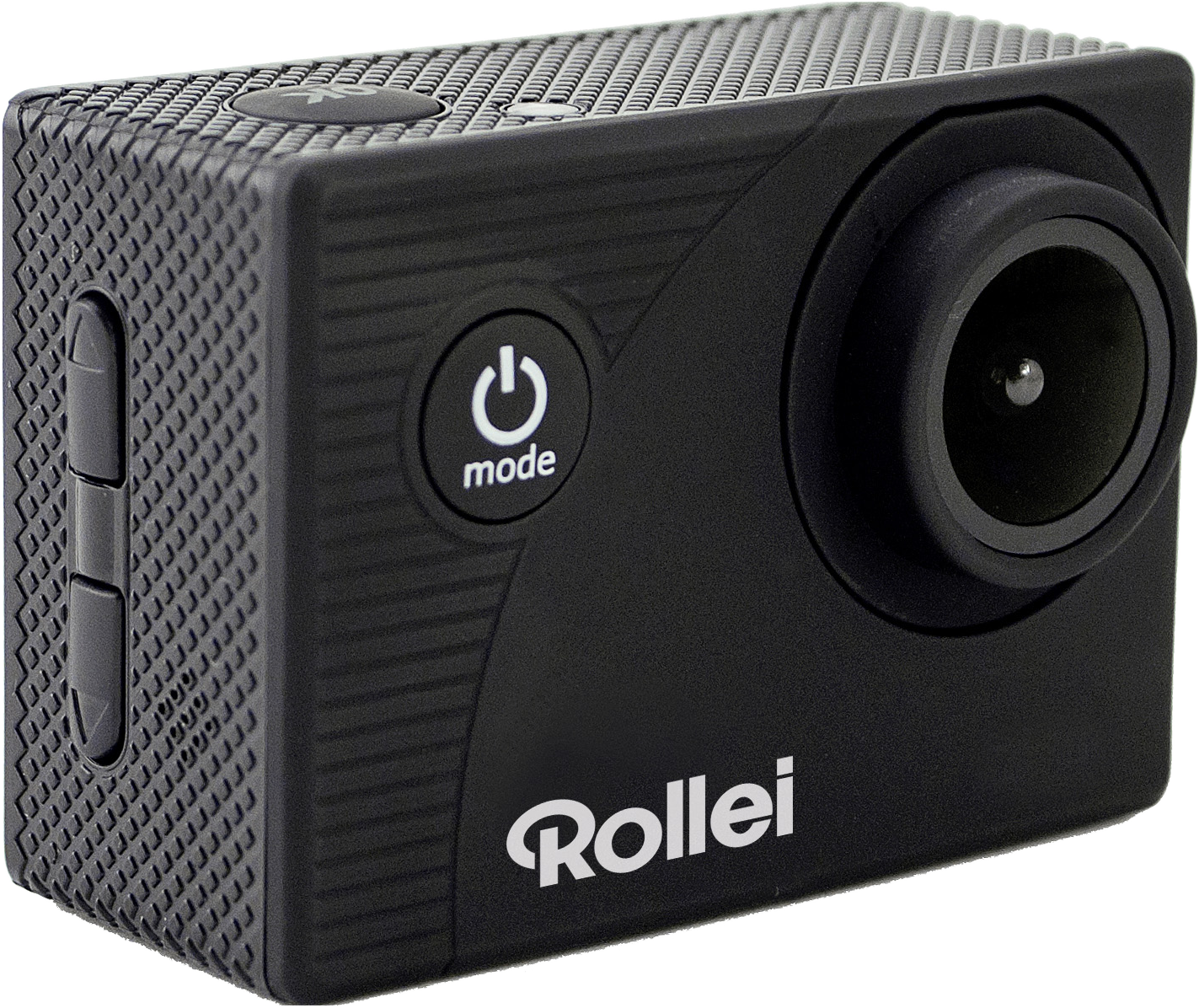 Fekete Rollei akciókamera gombokkal és objektívvel. A kamera fekete felületen van.