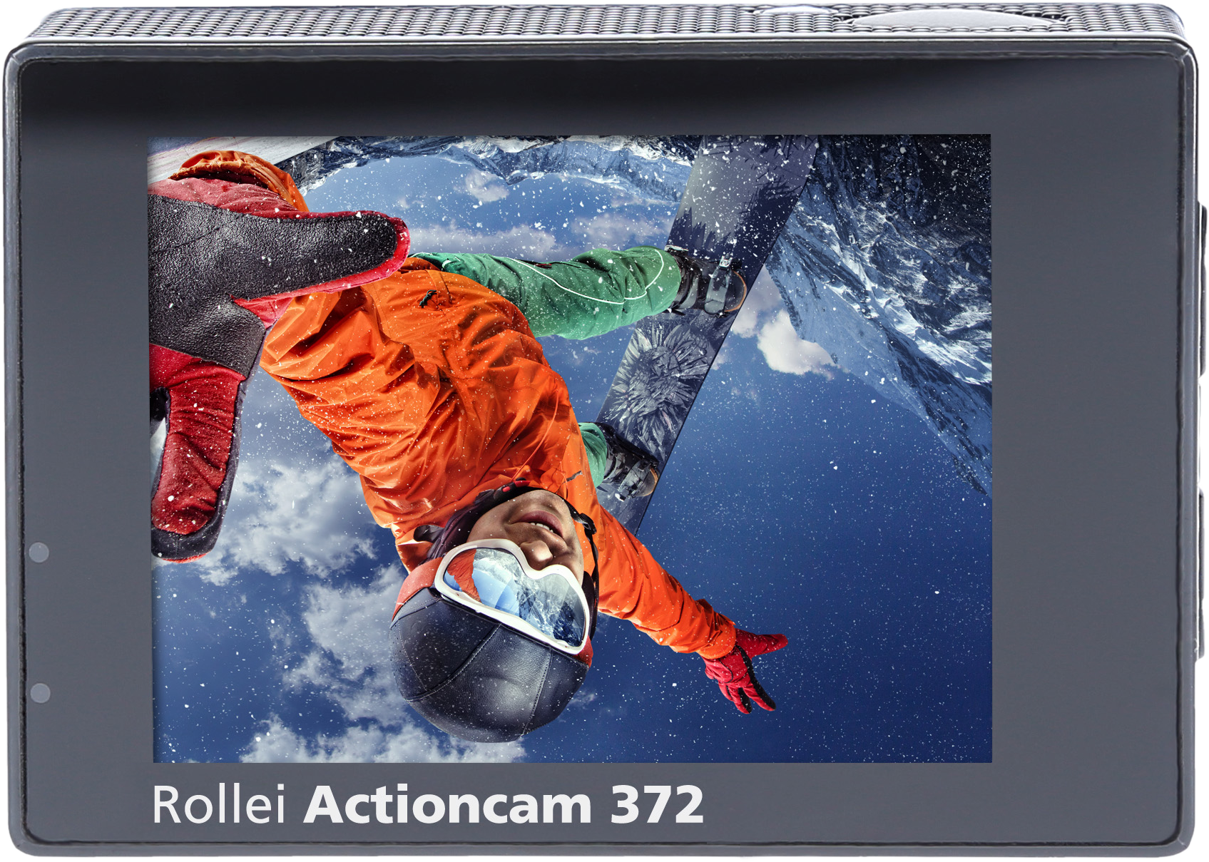 A Rollei Actioncam 372-n egy fejjel lefelé lógó snowboardos látható.