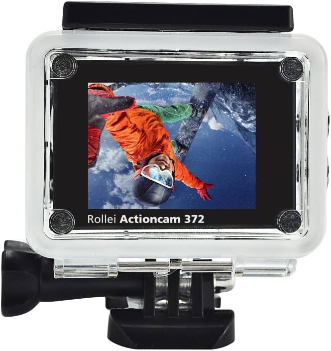 Rollei Actioncam 372. Egy személyt mutat snowboardozás közben a képernyőn.