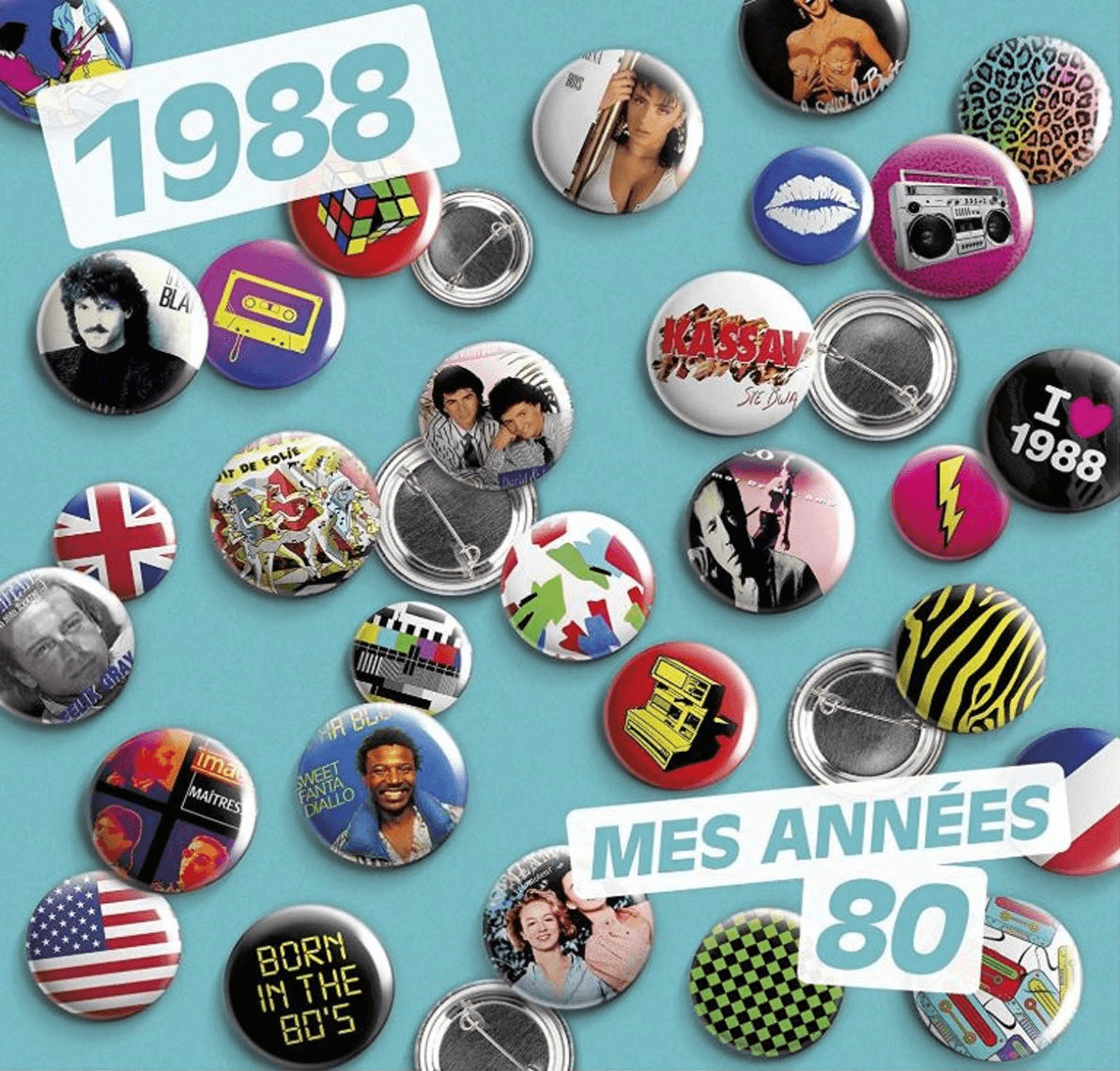 Collection de boutons colorés des années 80 sur fond bleu.
