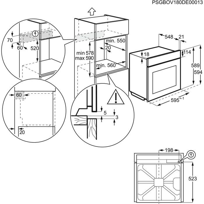 Beépített sütő diagramja. Méreteket és belső alkatrészeket mutat. Fehér háttér.