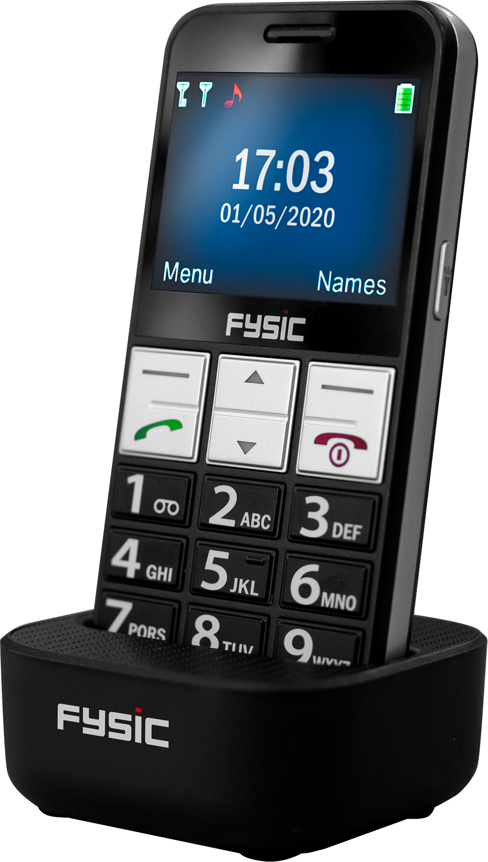 Zwarte telefoon met grote knoppen, display toont tijd en menu. Het staat in een zwart oplaadstation.