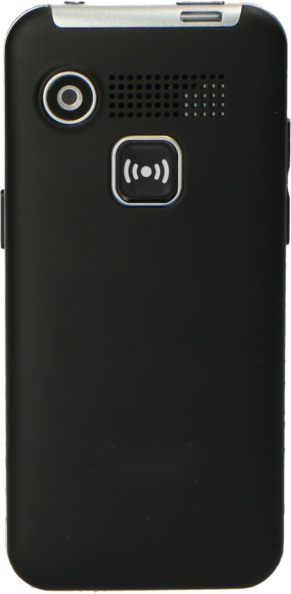 Een zwarte telefoon met een camera en een knop.