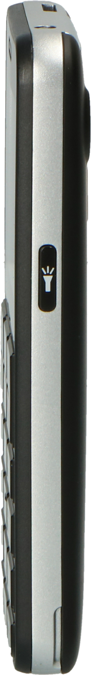 Zijaanzicht van een zwart-zilveren mobiele telefoon. Met luidsprekersymbool en toetsenbord.