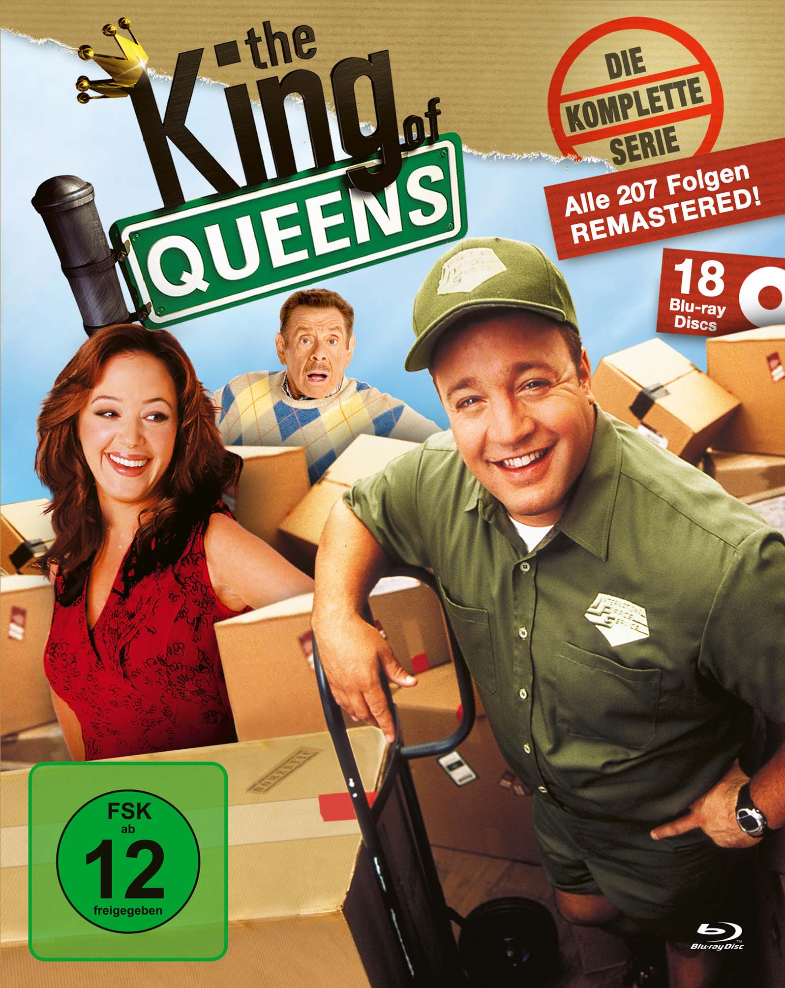 DVD-Cover mit drei Personen und Boxen. Der Titel ist 'The King of Queens'.