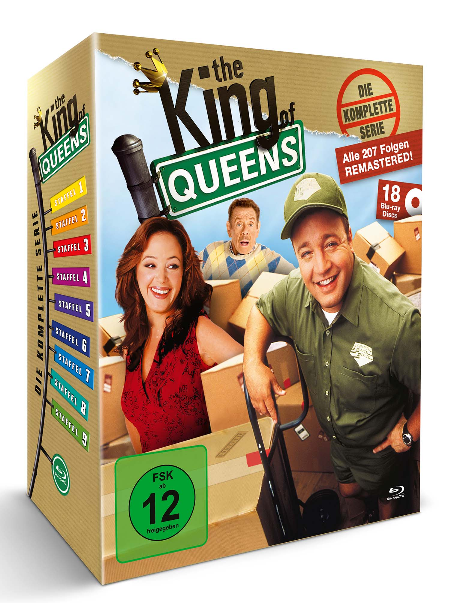 The King of Queens DVD-Box. Die Box zeigt Schauspieler und Zeichentrickfiguren.