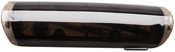 Close-up of a black phone case, with a silver stripe and a transparent area.