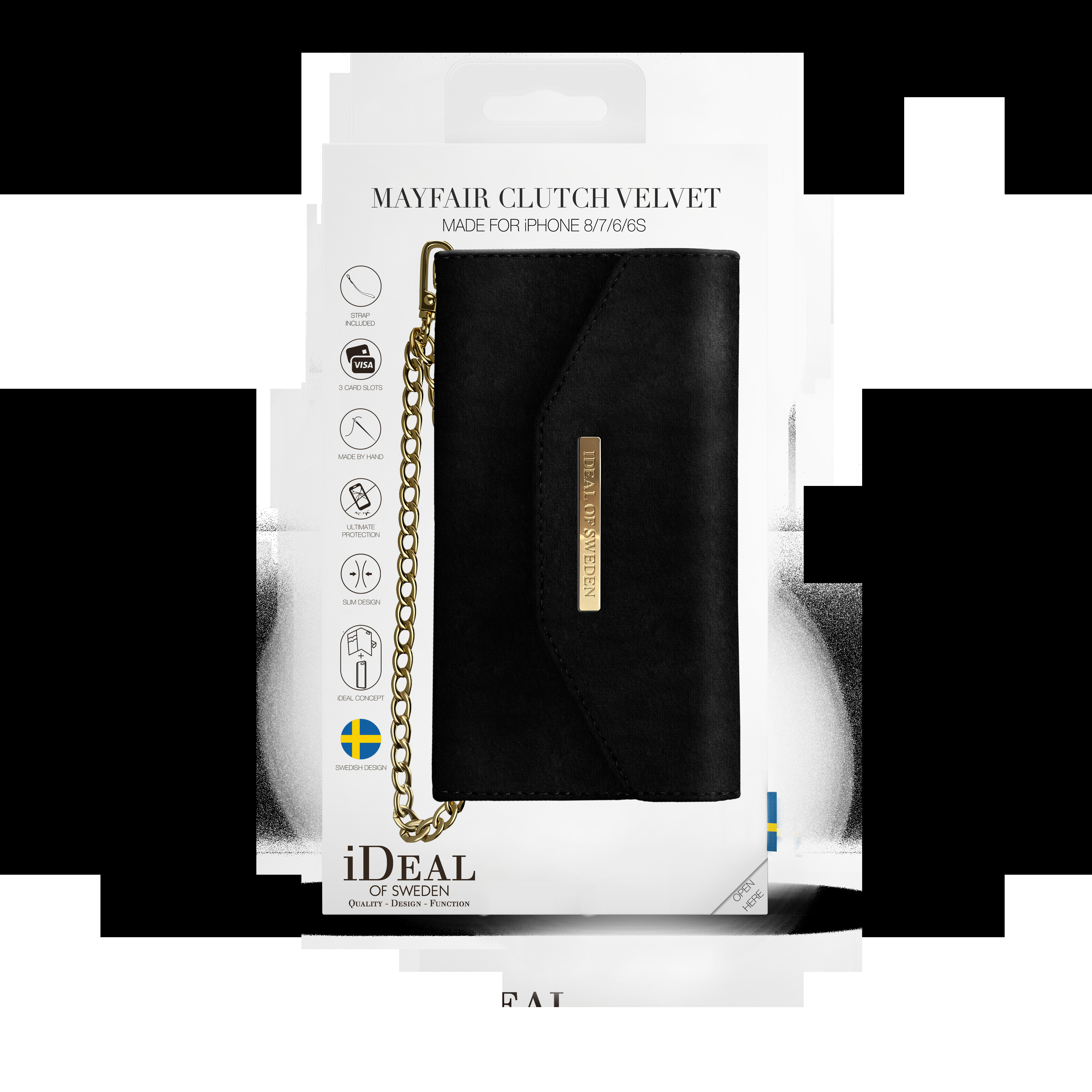 Schwarze iPhone-Geldbörsenhülle mit goldener Kette, mit Text: 'MAYFAIR CLUTCH VELVET' und 'iDeal of Sweden'.