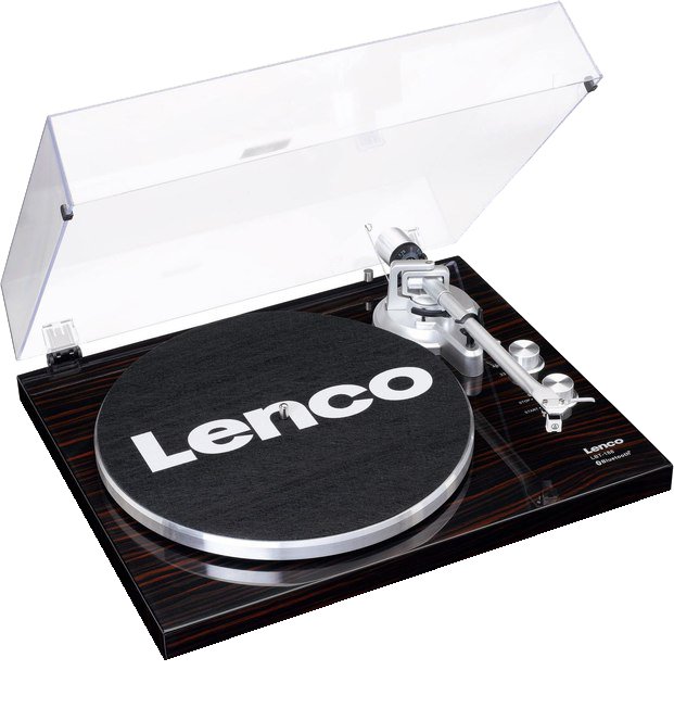 Platine Lenco, finition grain de bois, couvercle transparent. Disque noir, bras argenté.